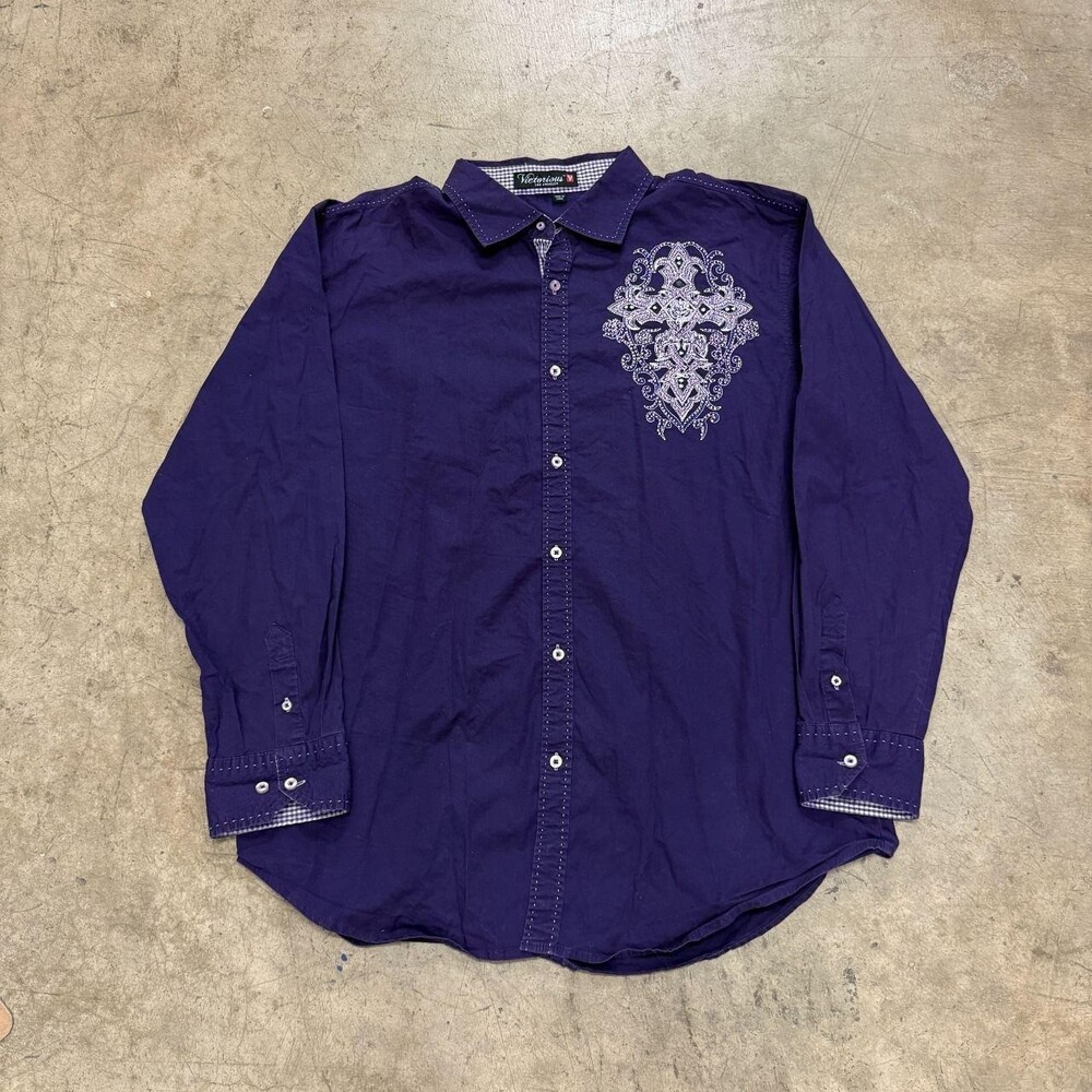 Y2K Victorious Navy Rhinestone Embroidered Button-Up Shirt Size XL